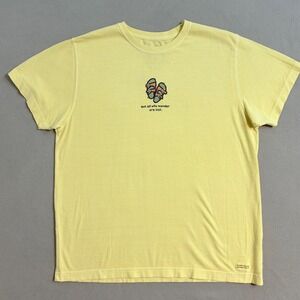 Life is Good T-Shirt Women's L Yellow Sandals Graphic Short Sleeve Casual